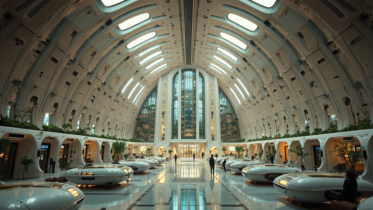 Sci-fi capsule hotel interior.