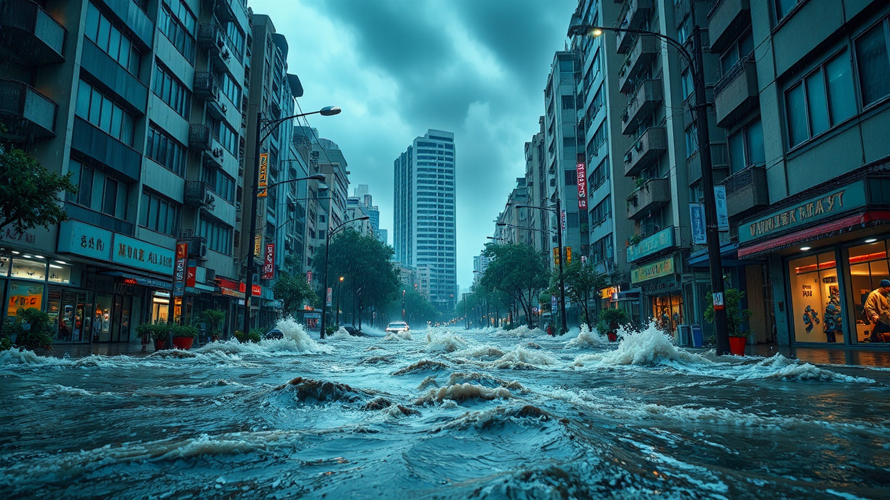 Stormy city street flooded