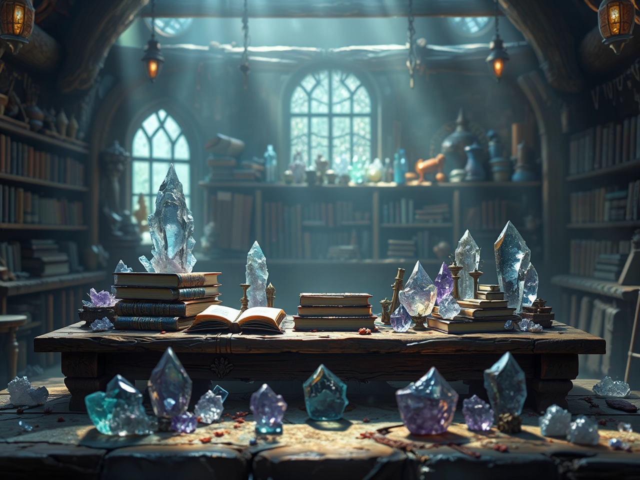 Crystals and books on