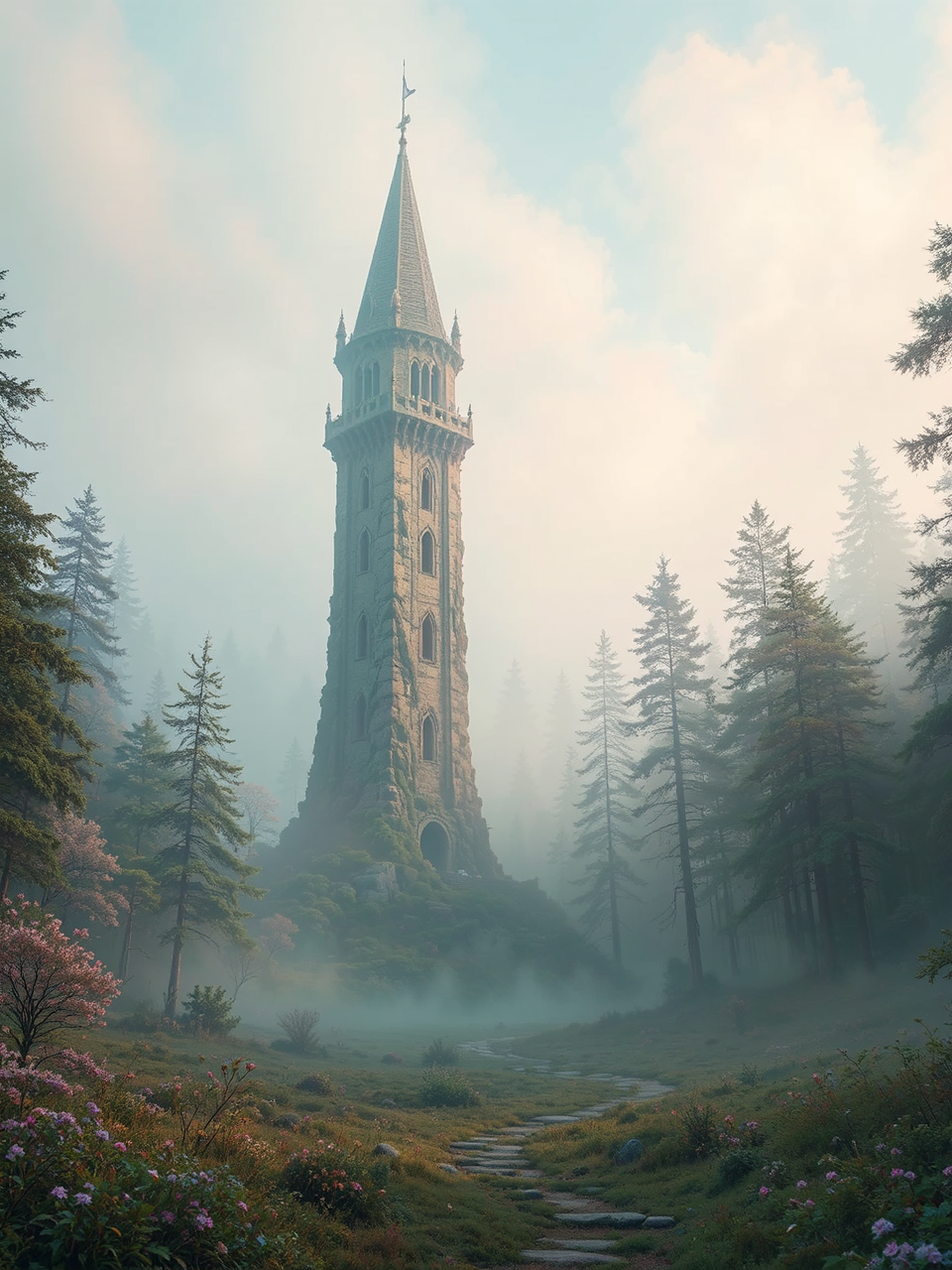 Ancient tower in misty
