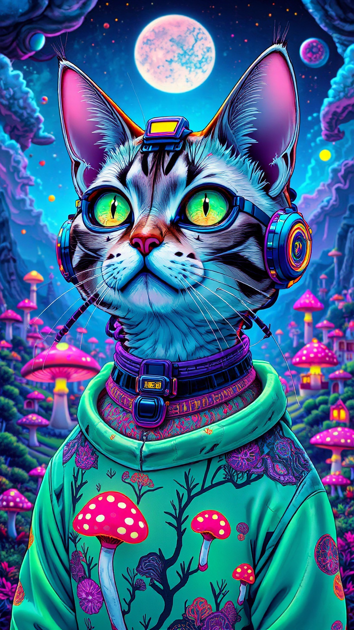 Psychedelic cybernetic cat portrait.