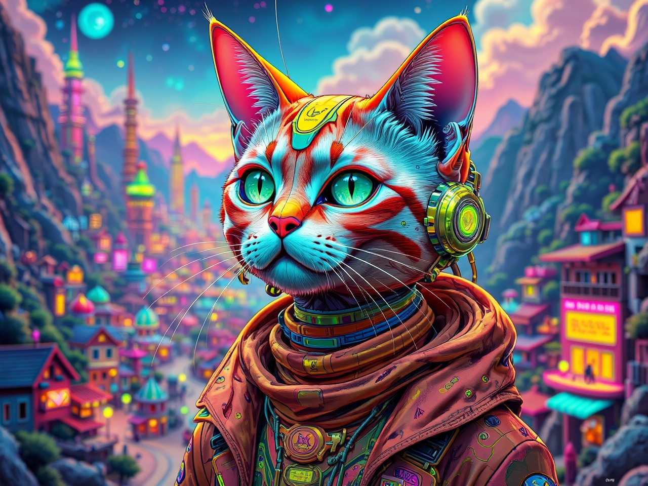 Psychedelic cybernetic cat portrait.