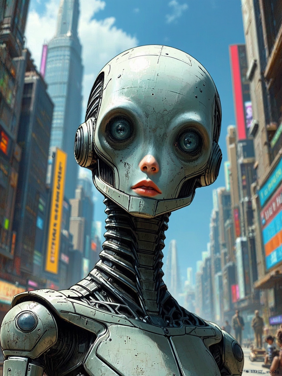 Bender in futuristic cityscape.