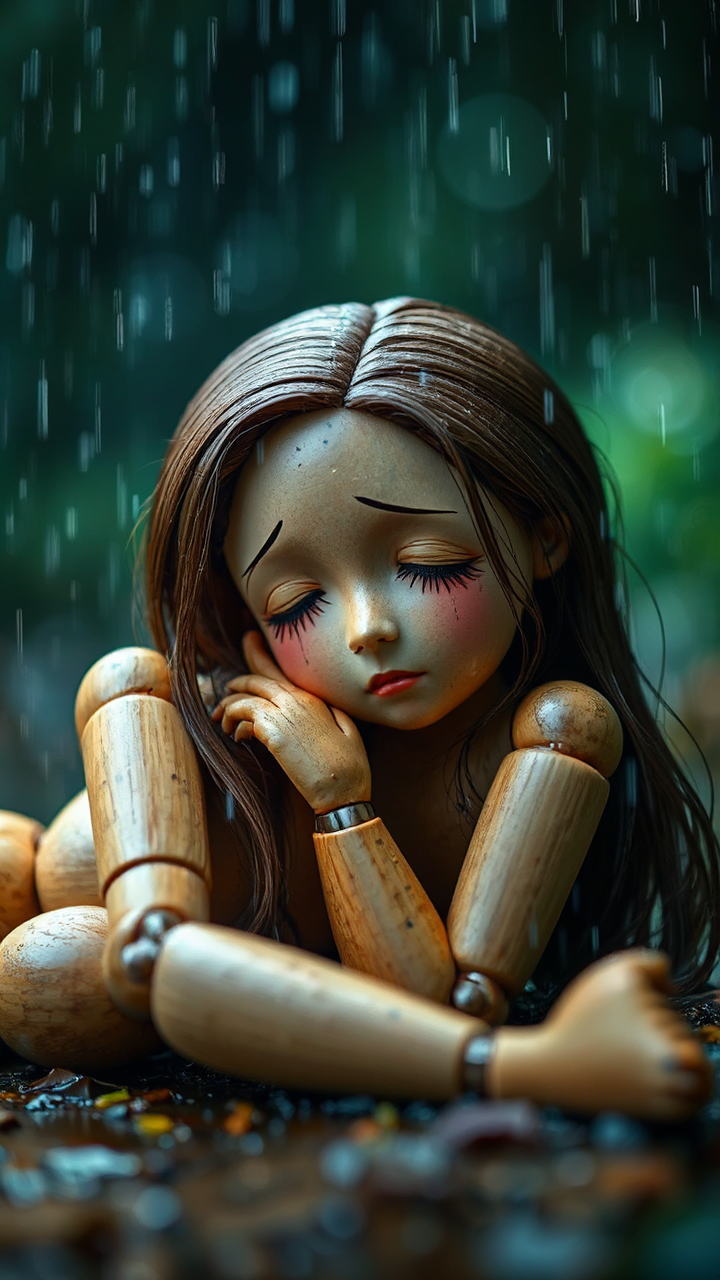 Sleeping ball-jointed wooden doll.