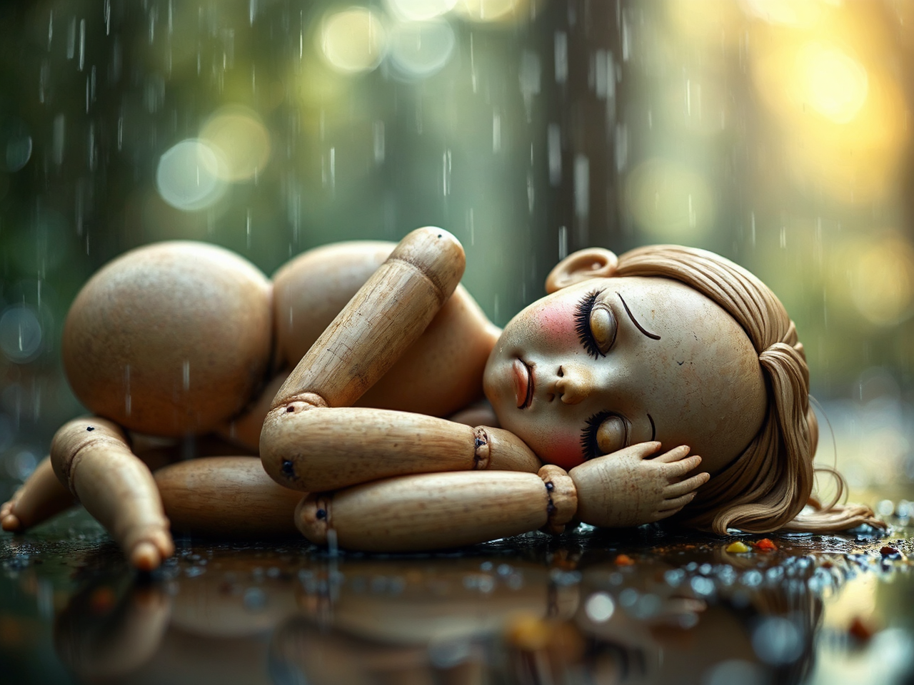 A ball-jointed doll lies