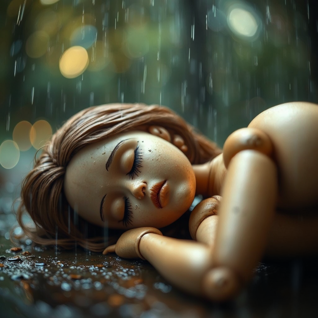 Woman doll sleeping outdoors.