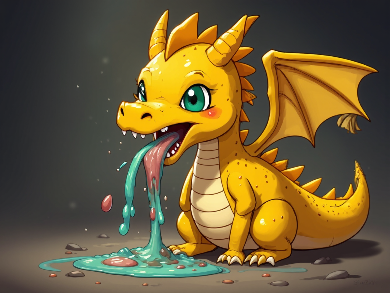 Cartoonish dragon is vomiting.