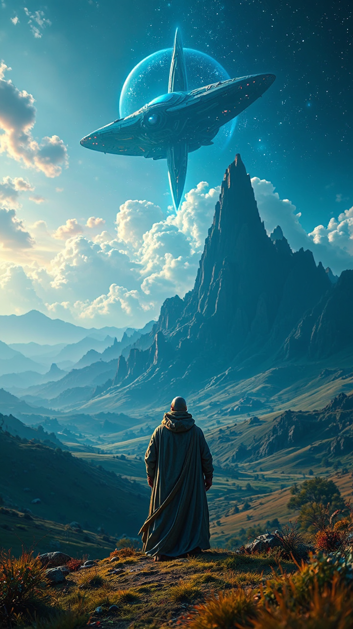 Cosmic monk observes spaceship