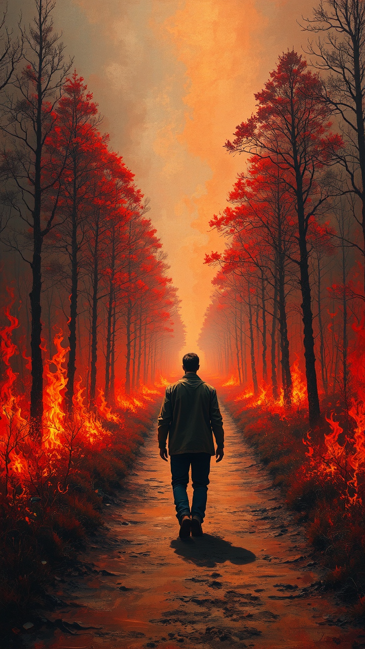 Man walking through wildfire