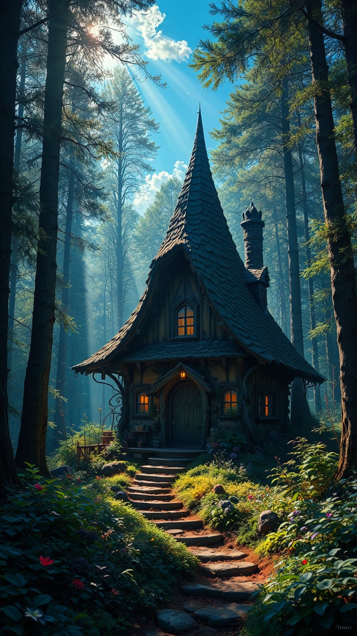 Hyper-realistic witch cottage scene.