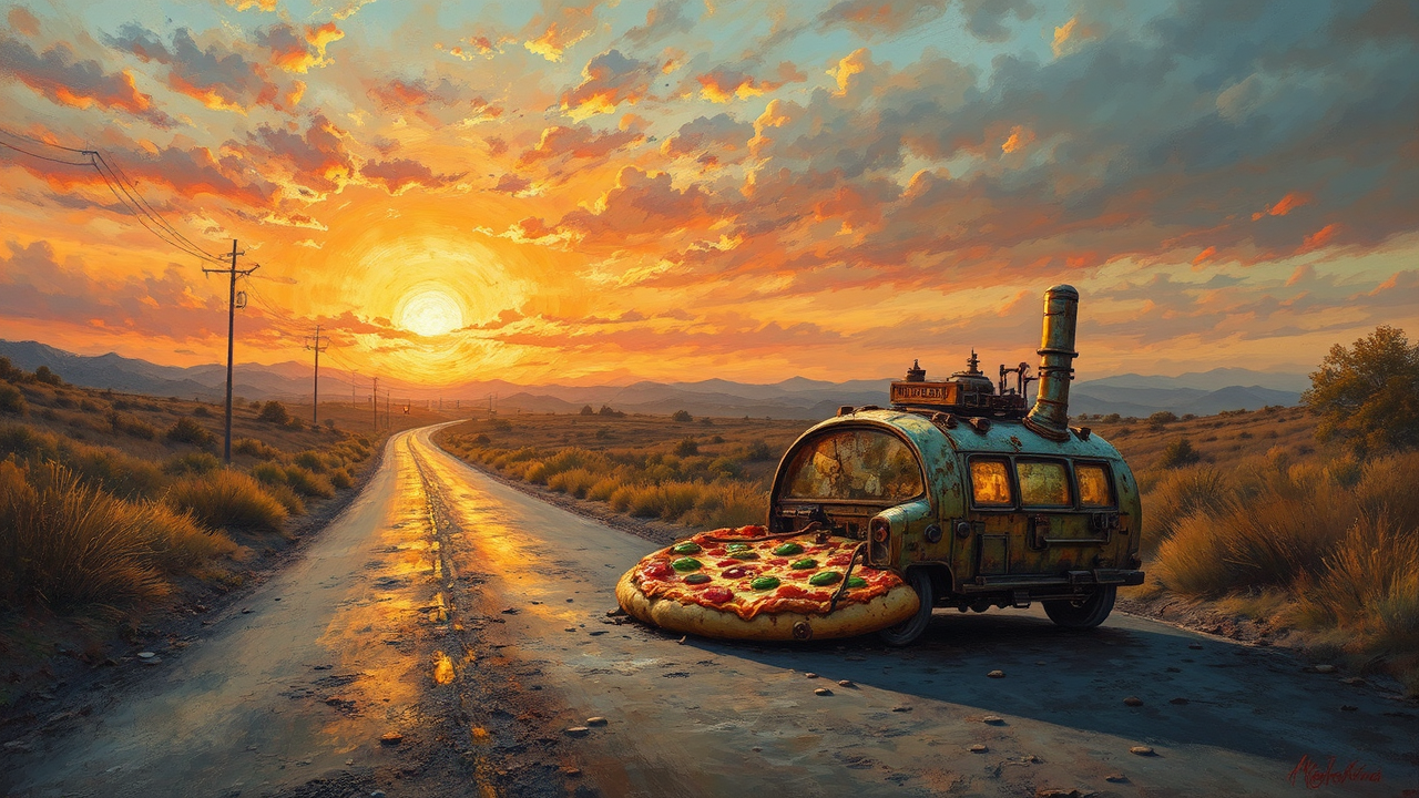 Oil painted steampunk pizza