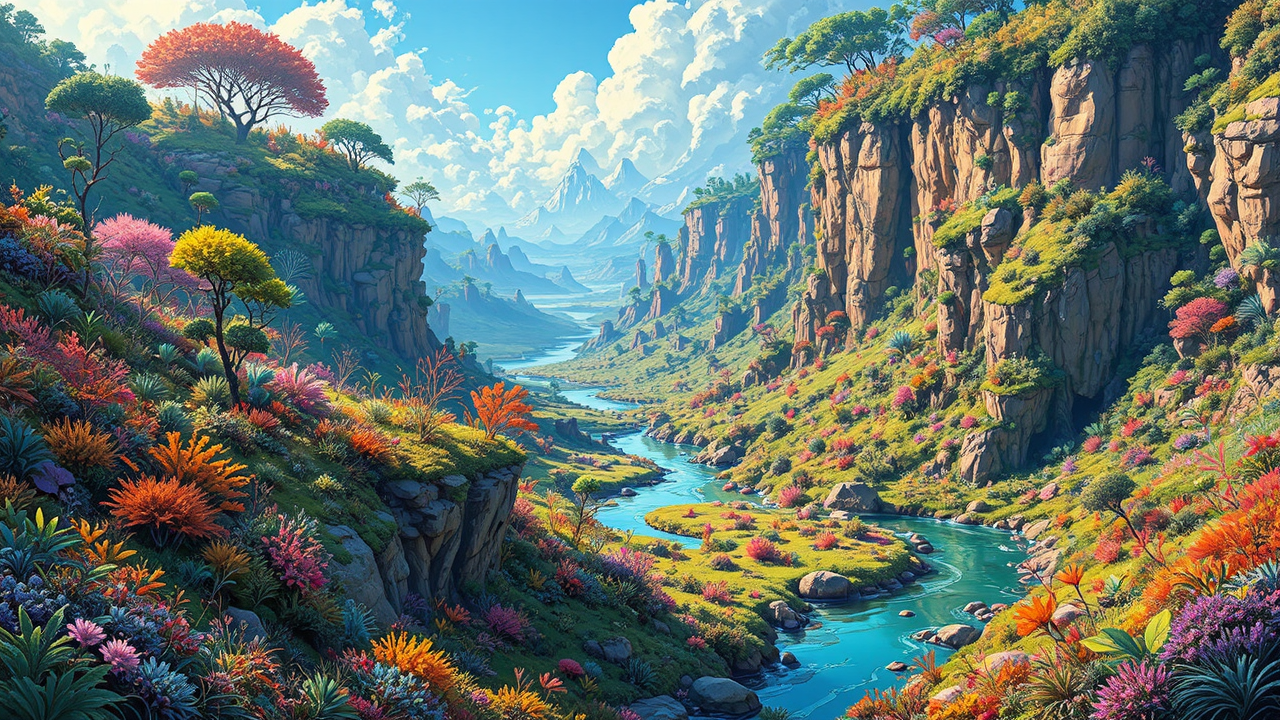 Lush alien landscape with