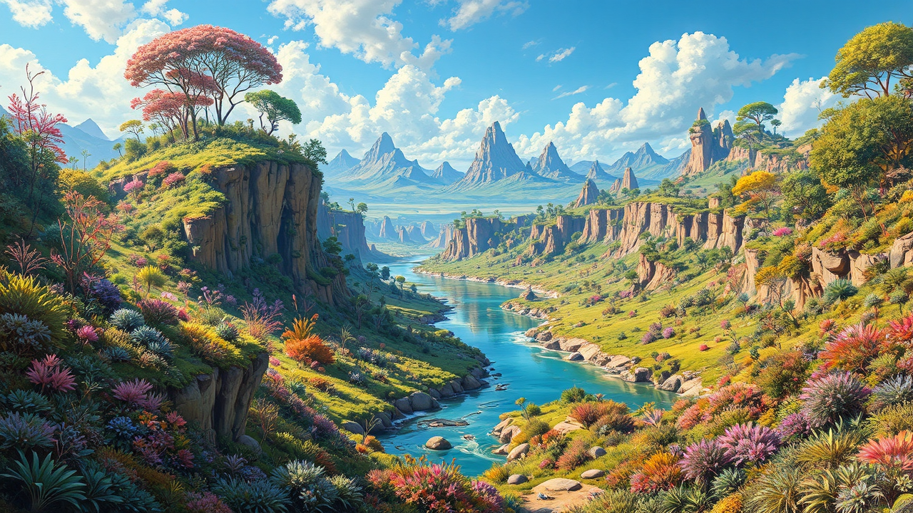 Lush alien landscape with