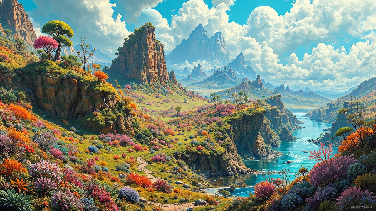 Lush alien landscape with