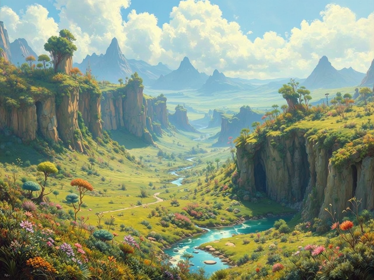 Lush alien landscape with