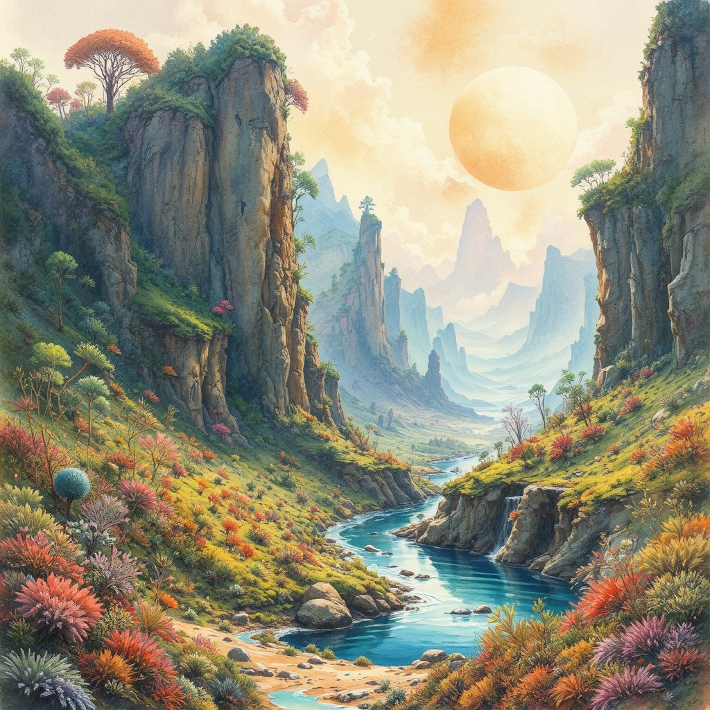 Lush alien planet with