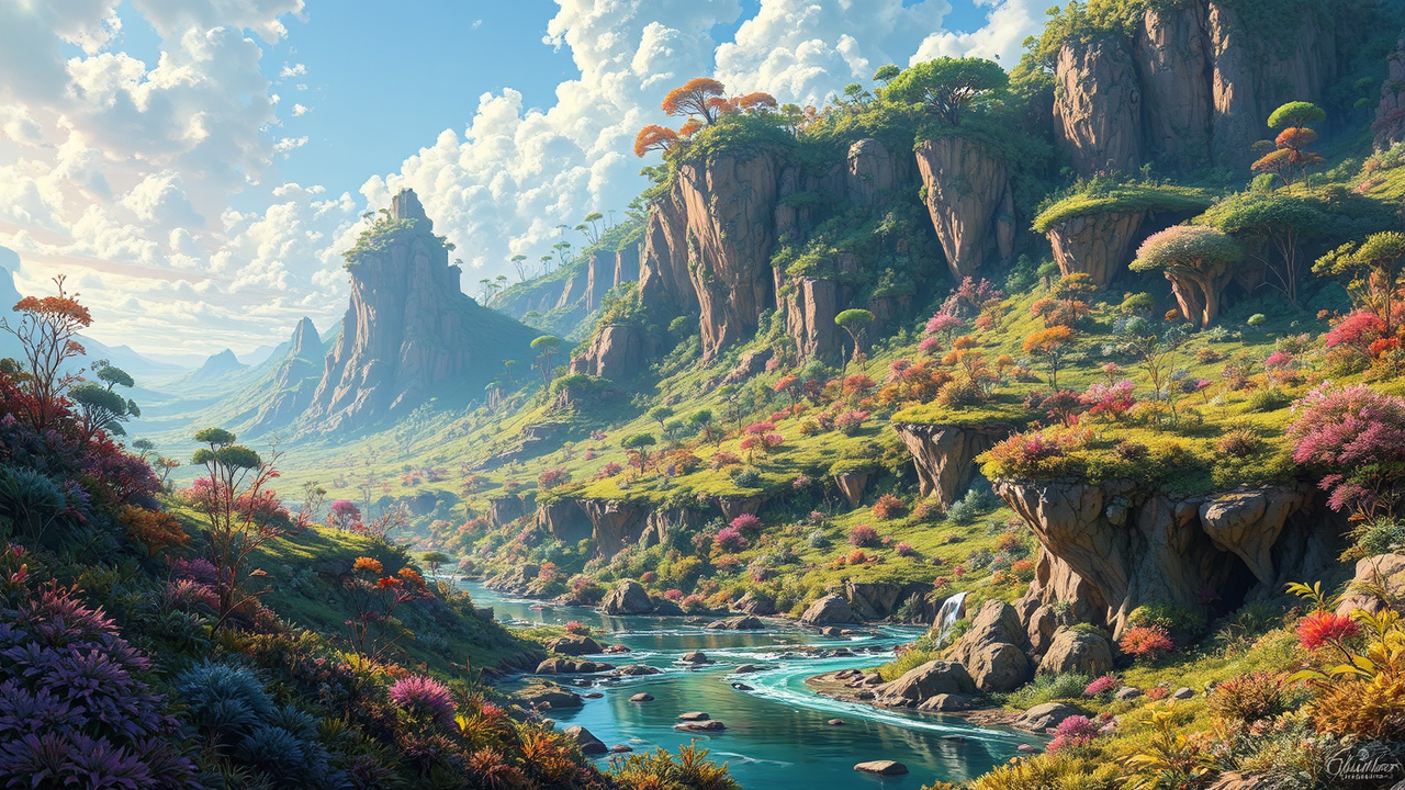 Lush alien landscape with