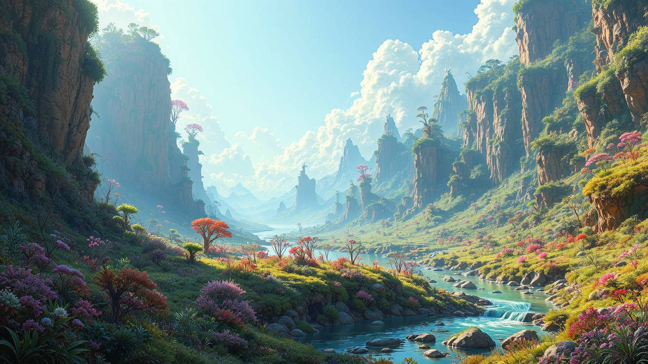 Lush alien planet with