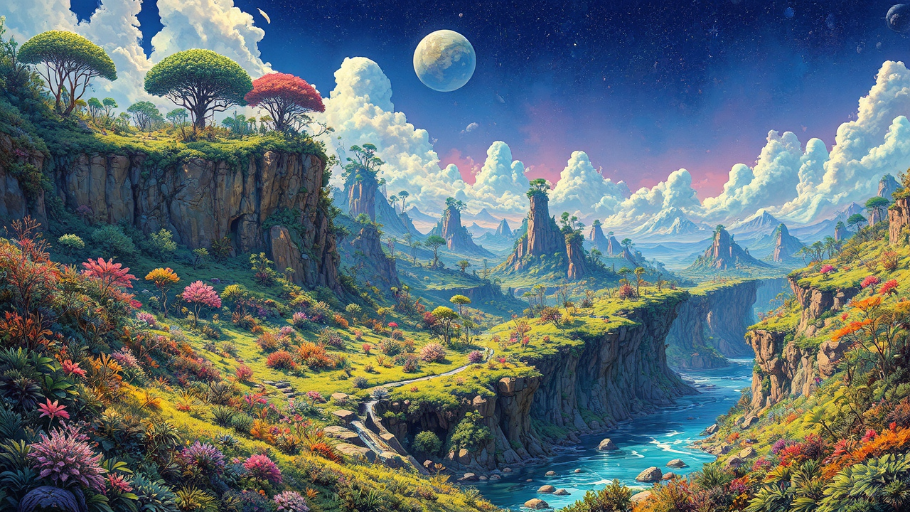 Lush alien landscape with