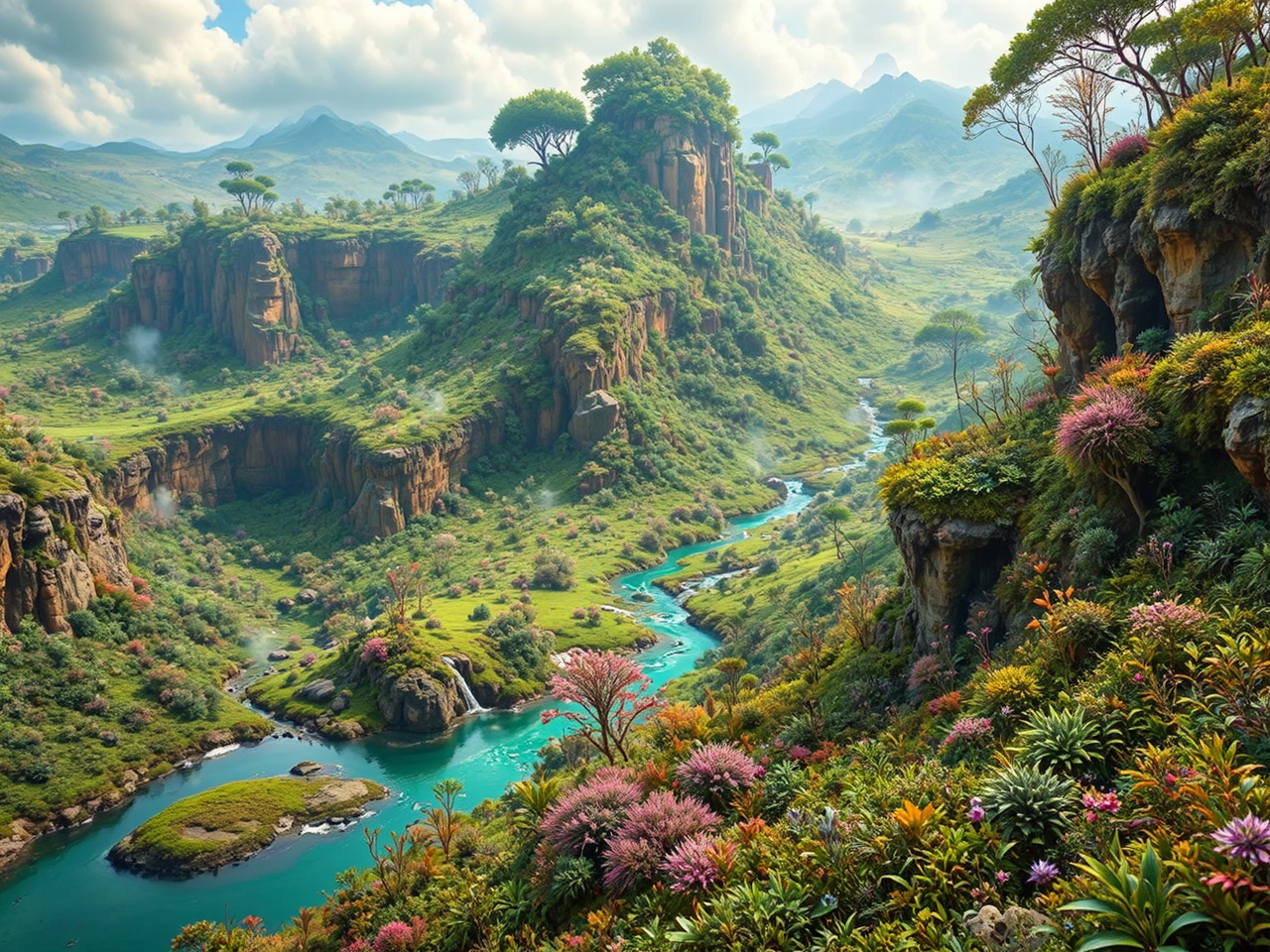 Lush alien landscape with
