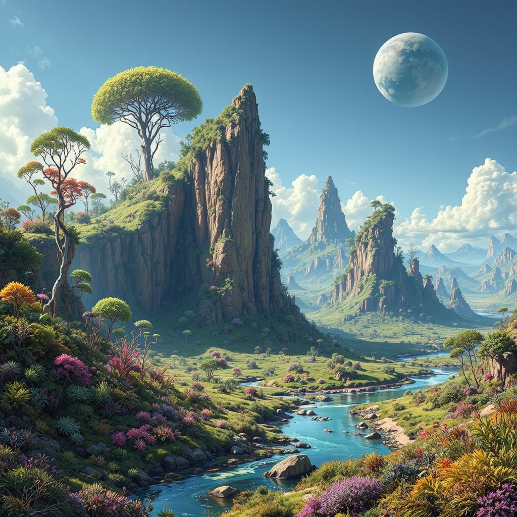 Lush alien landscape with