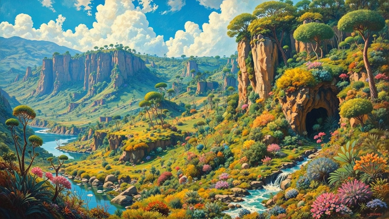 Lush alien landscape with