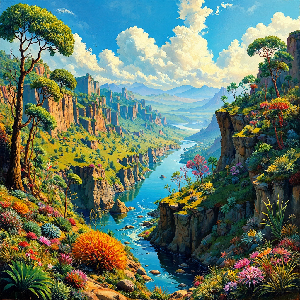 Lush alien landscape with