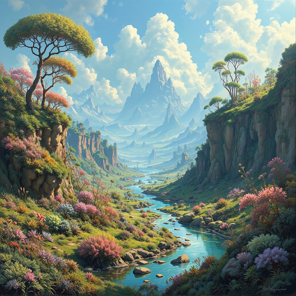 Lush alien landscape with