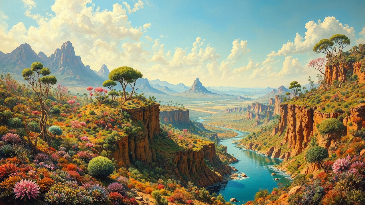 Lush alien landscape with