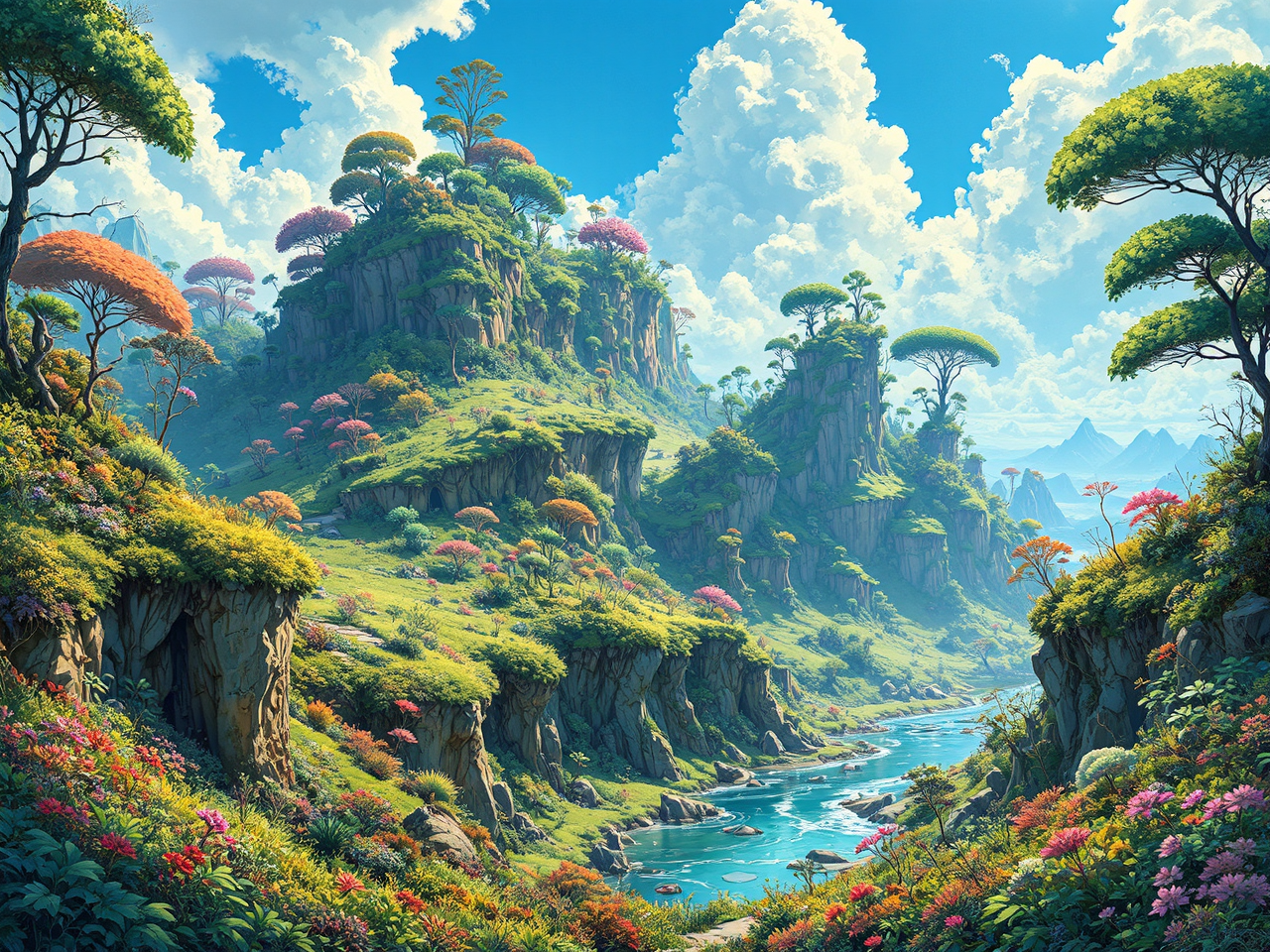 Lush alien landscape with