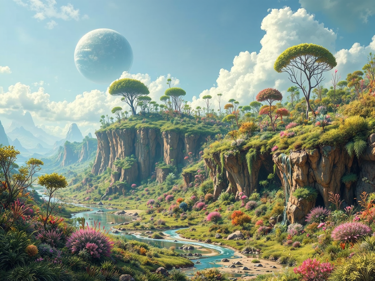 Lush alien planet landscape