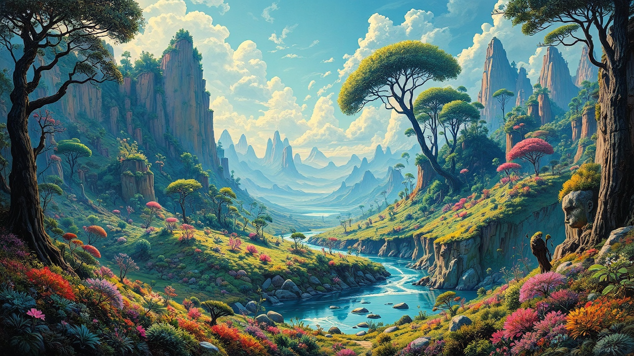 Lush alien landscape with