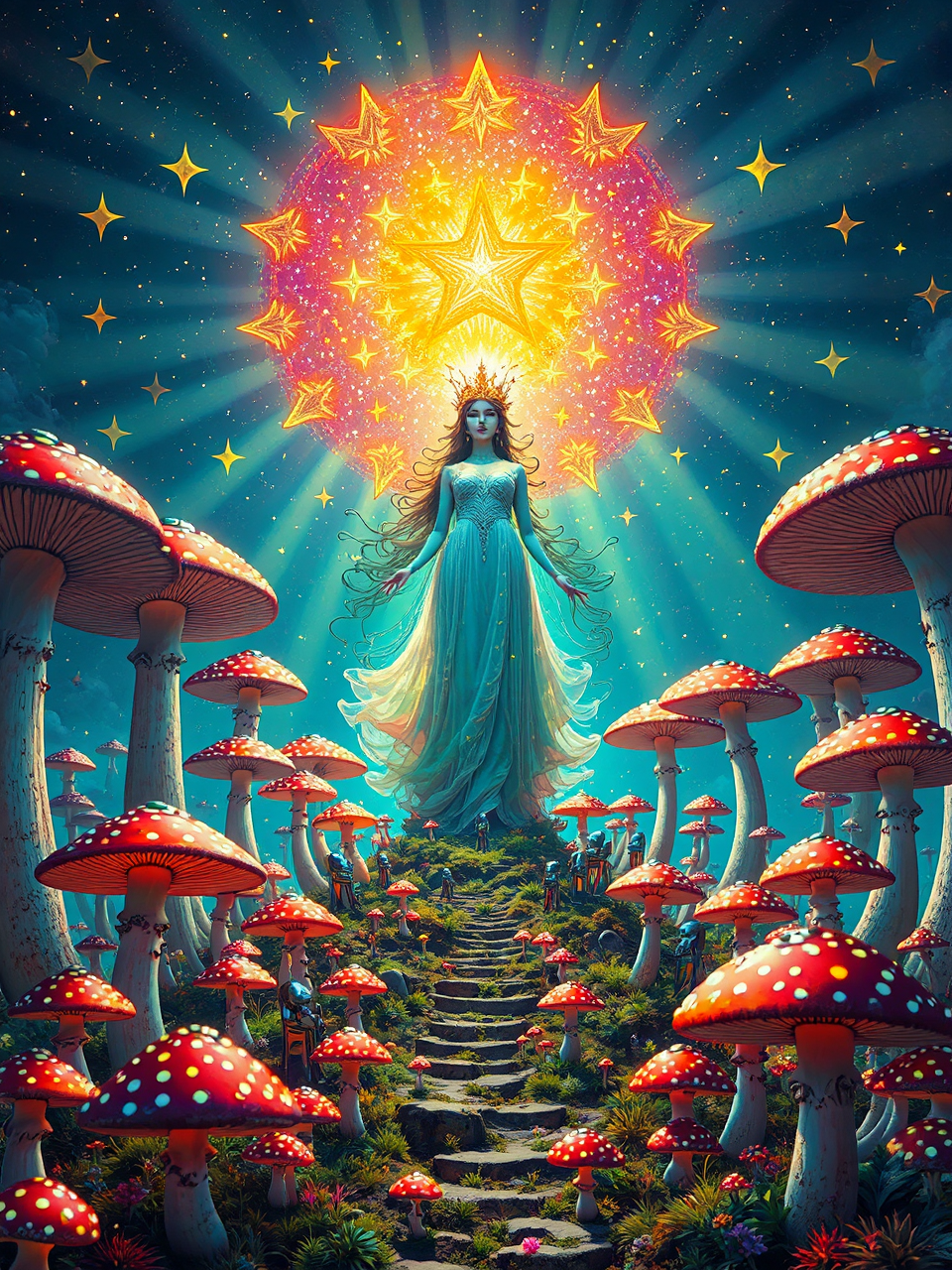 Goddess floats among stars