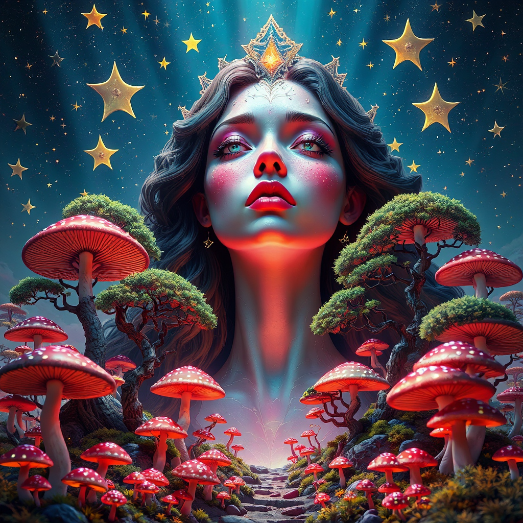 Goddess floats among stars.