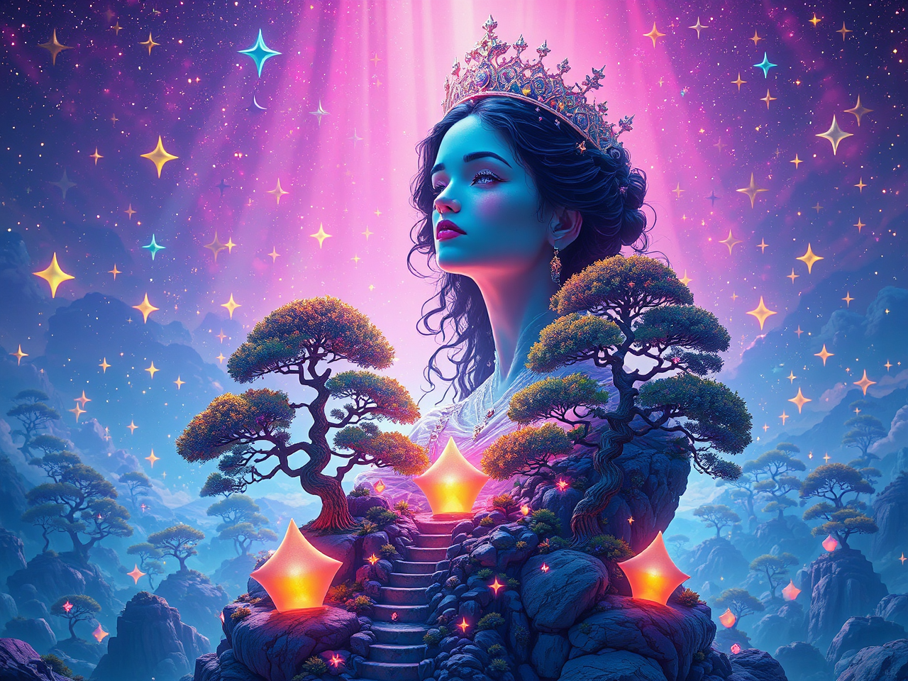 Queen floats amidst stars