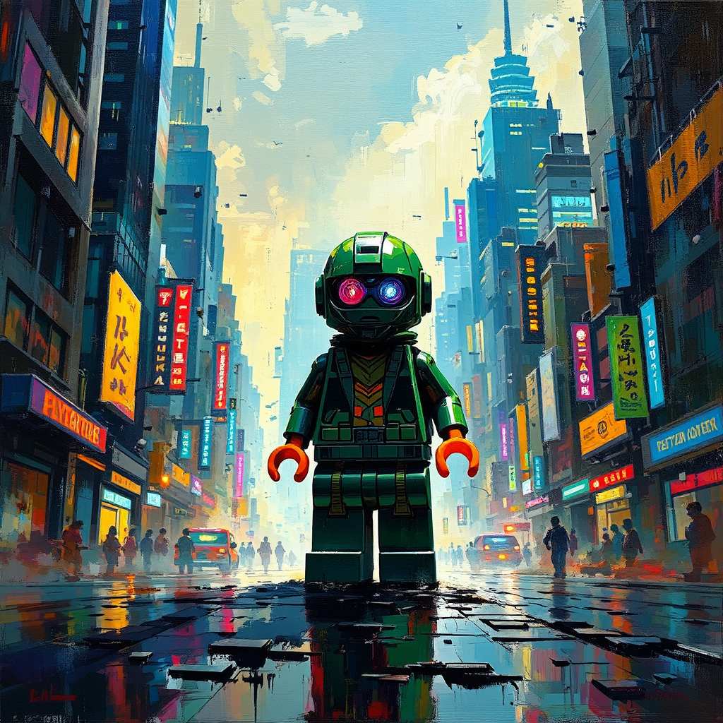 Lego figure in cyberpunk