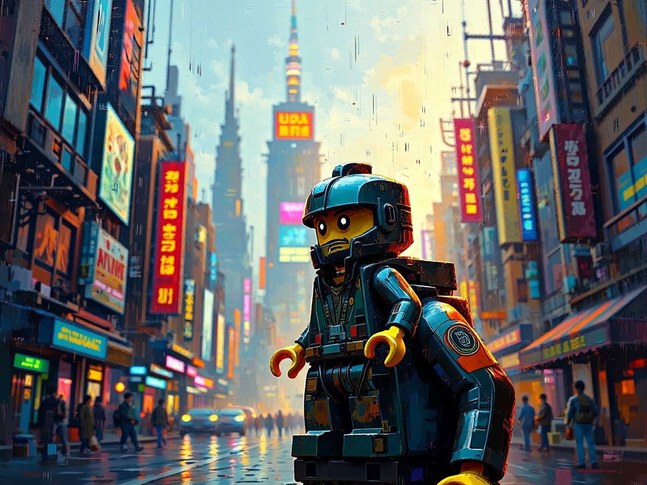 Lego figure in cyberpunk