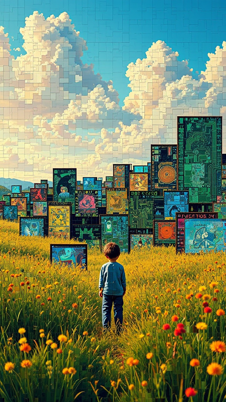Boy in digital landscape