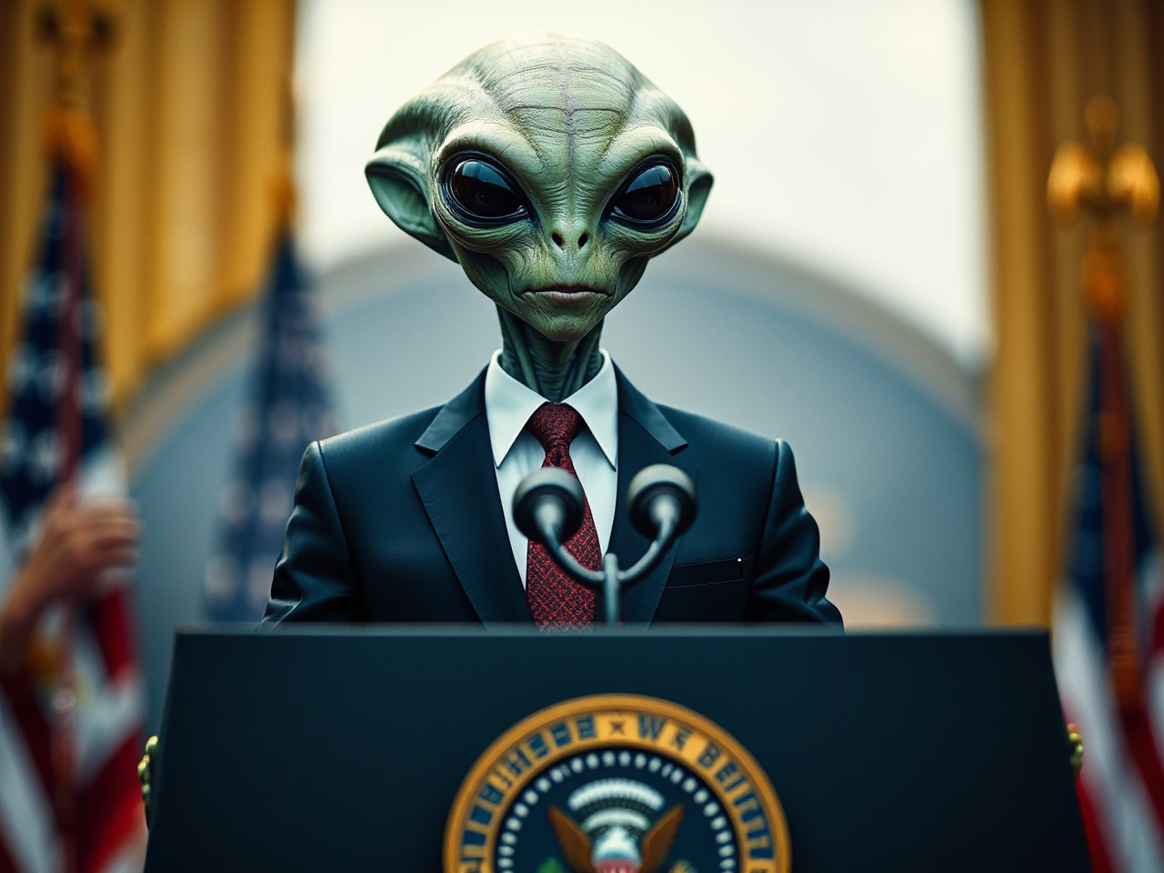 Alien at presidential podium