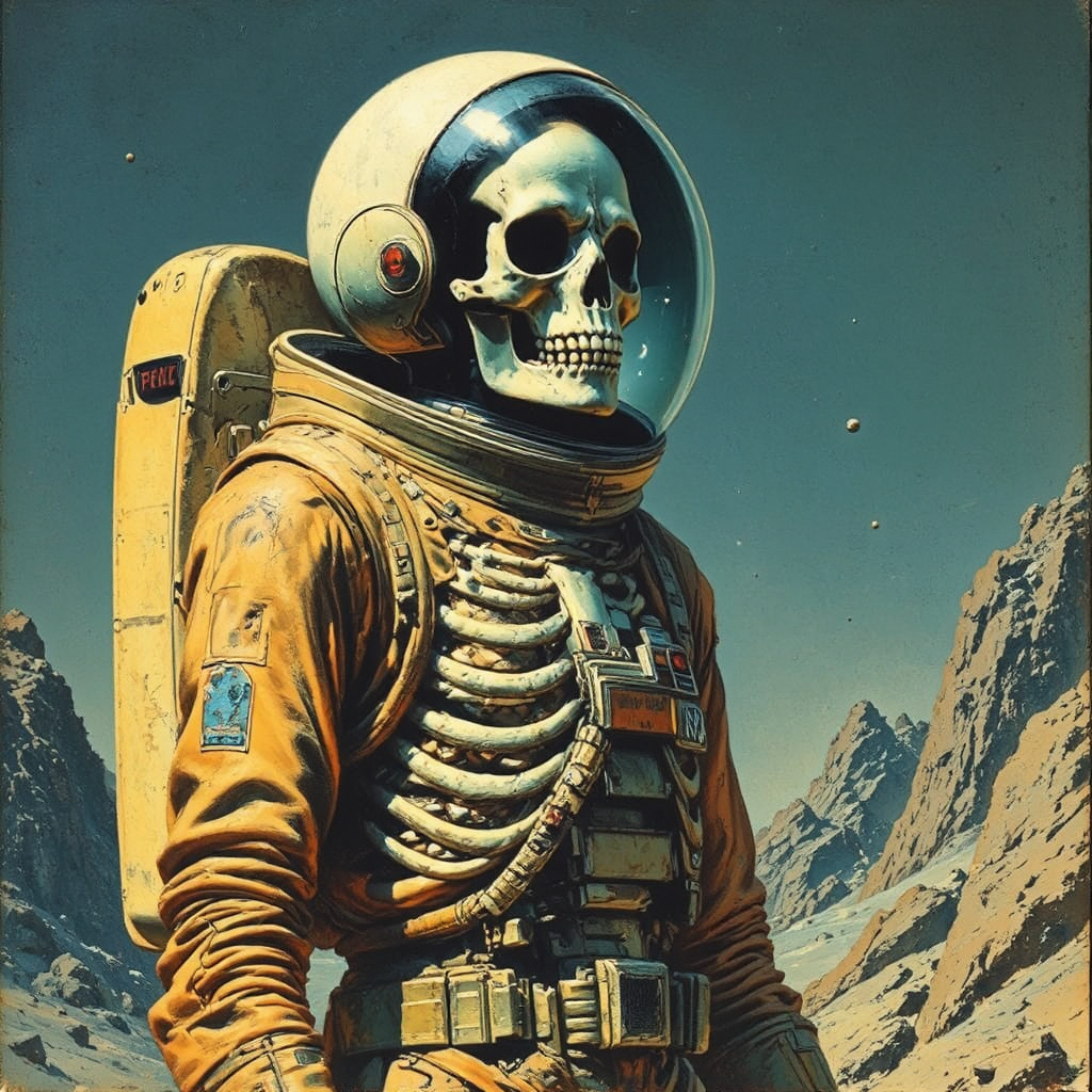 Skeleton in futuristic space