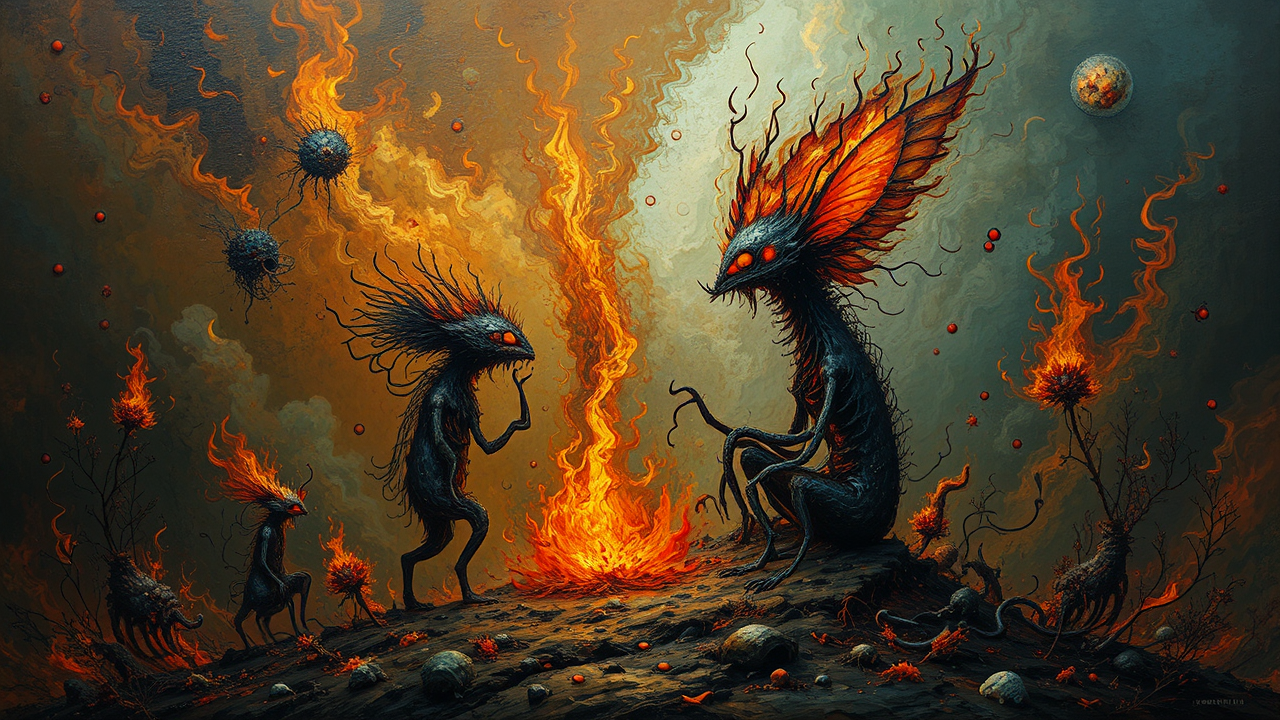 Whimsical alchemical creatures in