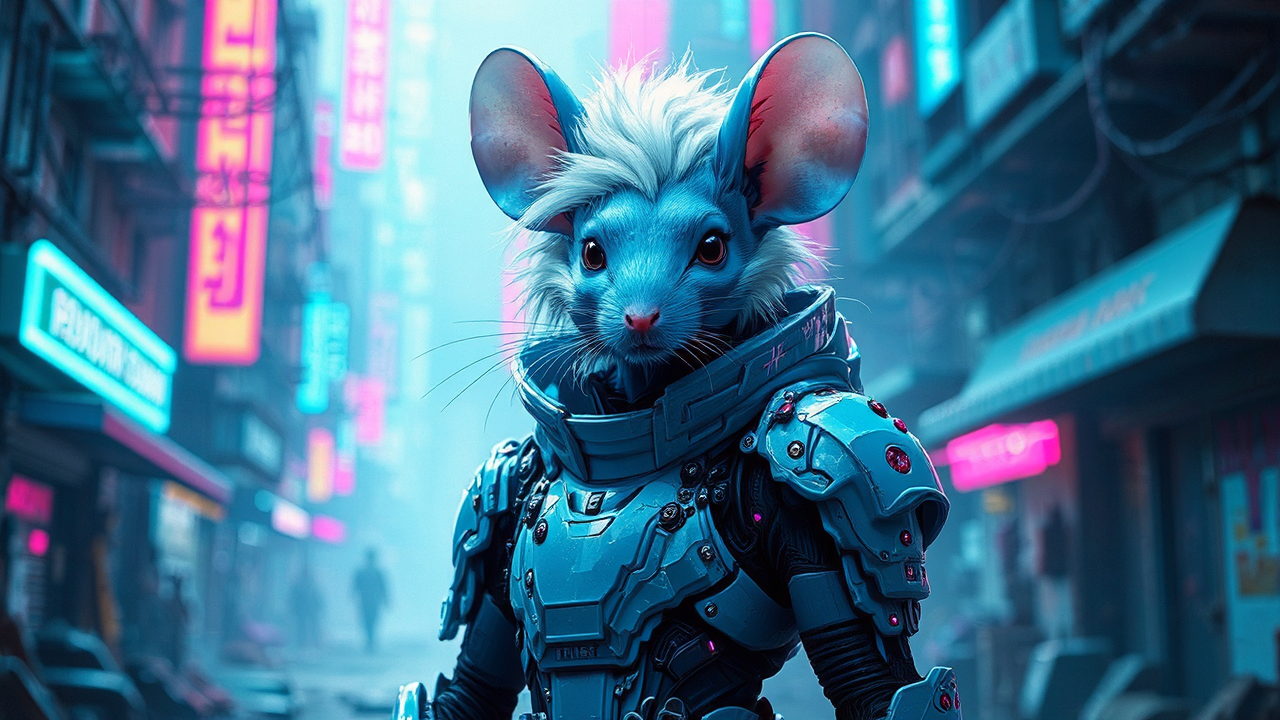 Mouse with cyberpunk armor.