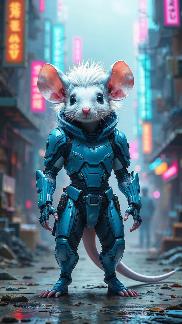 White-haired mouse in cyberpunk